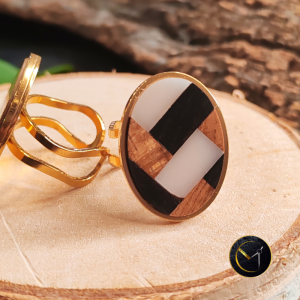 bague inspiration vane, patchwork, composition bois, tamarin, ébène de Madagascar, ivoire végétal