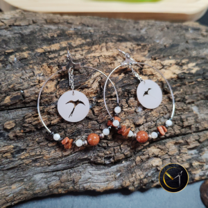 Boucles d'oreilles créoles paille-en-queue en ivoire végétal, pierres naturelles Hématite, nacre, pierre du soleil et acier inox