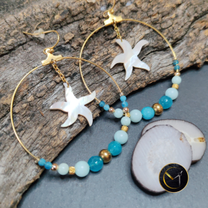 Boucles d'oreilles créoles étoile de mer en nacre et pierres naturelles, Apatite, amazonite, jade et acier inoxydable