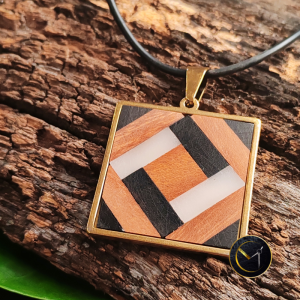 Pendentif, graphique, marqueterie, carré, mixte, homme, femme, bijoux, tamarin, ivoire végétal, ébène, Madagascar, bijoux