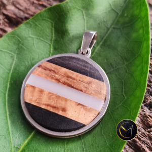 Pendentif, graphique, marqueterie, rond, mixte, homme, femme, bijoux, tamarin, ivoire végétal, ébène, Madagascar, bijoux
